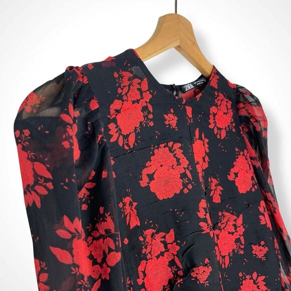 Zara Rose Floral Semi-Sheer Chiffon Puff Sleeve Peplum Blouse - Picture 9 of 11
